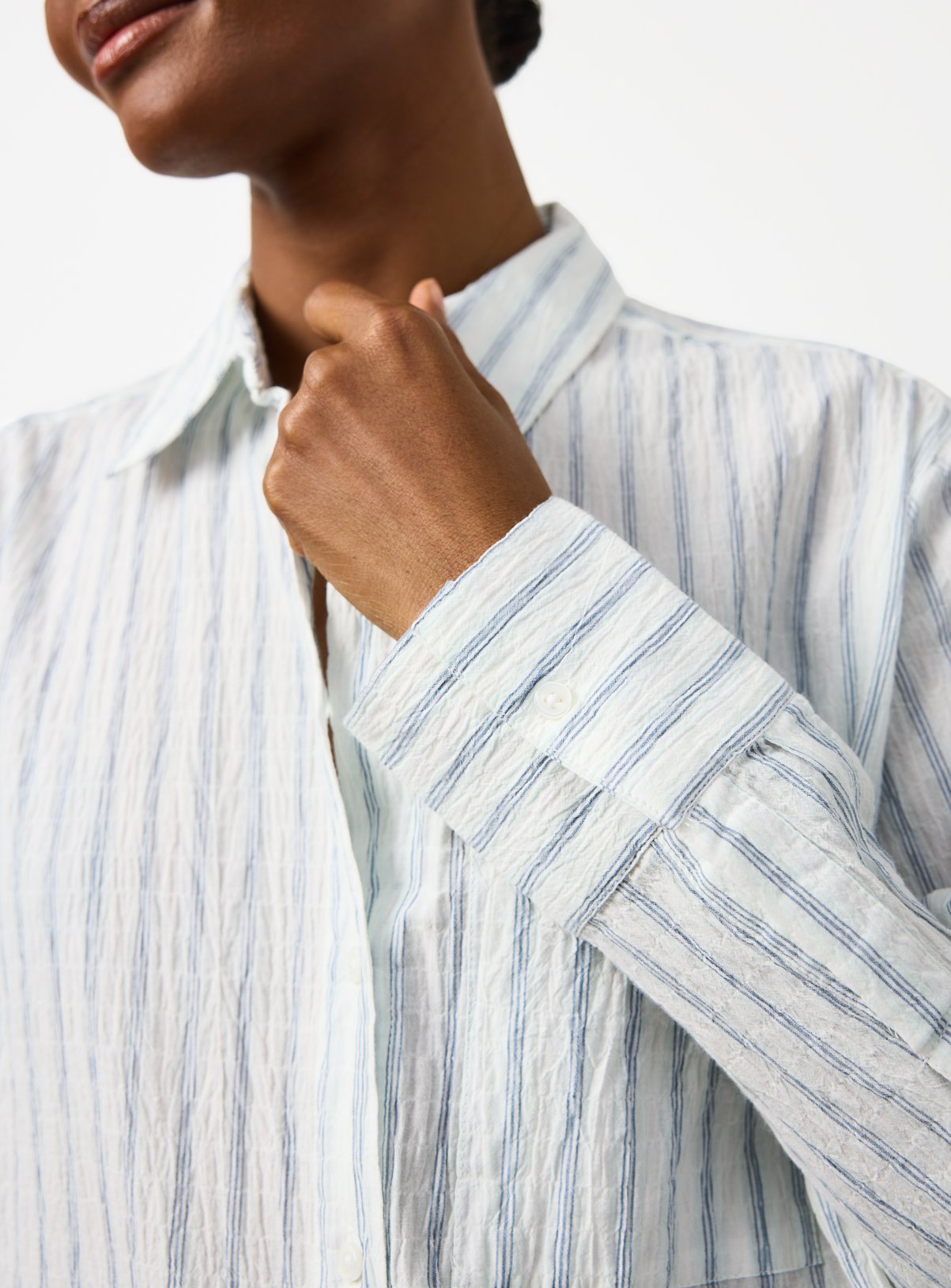 Light Blue Stripe Print Seersucker Long Sleeve Revere Shirt 12 - Image 3 thumbnail